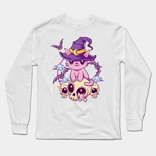 Skull Cat Kawaii Gothic Long Sleeve T-Shirt by DionArts